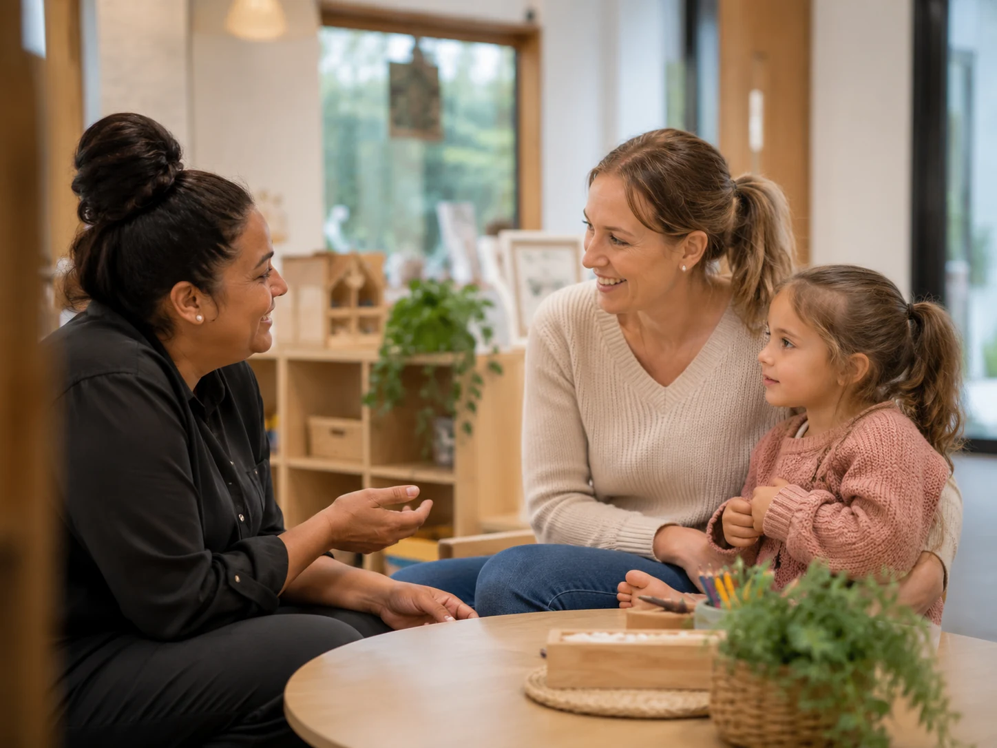 Teacher and family having a warm conversation